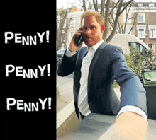 a man in a suit talking on a cell phone with the words penny written on the bottom