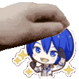 a hand is putting a sticker on top of a blue haired anime character .