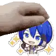 a hand is putting a sticker on top of a blue haired anime character .
