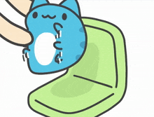 a cartoon drawing of a blue cat being held by a person