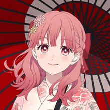 a girl with pink hair and a flower in her hair