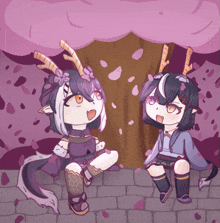 a drawing of two anime characters sitting under a tree with petals falling