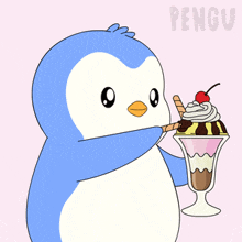 a penguin is eating a sundae with whipped cream and a cherry