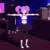a cartoon girl with purple hair is standing in front of a screen that says " send feet pics "