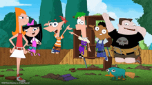 a group of cartoon characters including perry the platypus are standing in a yard
