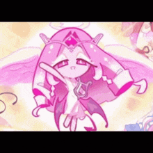 a cartoon character with long pink hair and wings is holding a lyre .
