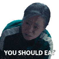 a picture of a woman with the words you should eat on it