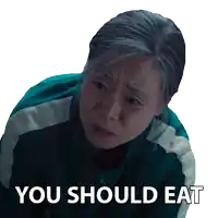 a picture of a woman with the words you should eat on it