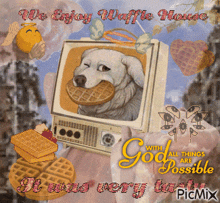 a picture of a dog with a waffle in its mouth and the words we enjoy waffle house with all things are possible