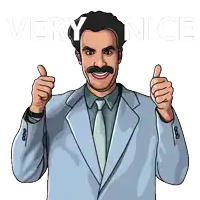 a man in a suit and tie giving two thumbs up with the word very nice behind him