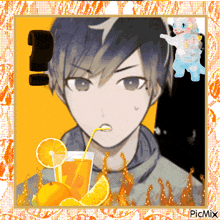 a picture of a boy drinking orange juice with a cat behind him