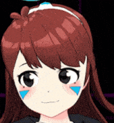 a close up of a girl 's face with brown hair and blue triangles on her cheeks