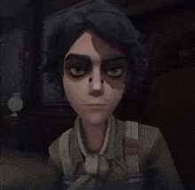 a close up of a cartoon character with black hair