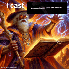 a painting of a wizard holding a book with the caption i cast