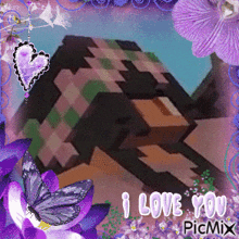 a picture with purple flowers and butterflies and the words i love you picmix