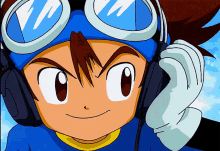 a cartoon character with headphones and goggles on