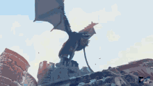 a statue of a dragon is being attacked by a man with a sword