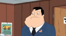 a cartoon man in a suit and tie is standing in front of a door
