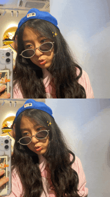 a girl wearing sunglasses and a blue hat takes a selfie