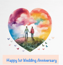 a happy 1st wedding anniversary card with a couple holding hands in a heart