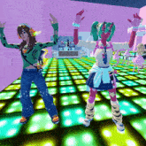 two girls are dancing on a dance floor with their arms in the air
