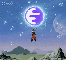 a cartoon character is flying through the air holding a purple sphere with the letter e in it
