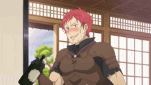 a man with red hair is holding a wine bottle