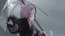 a girl with purple hair is holding an umbrella and has a cross on her head