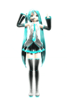 a girl with long blue hair is standing in front of a white backdrop