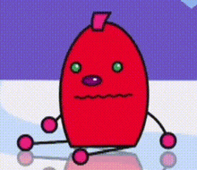 a red cartoon character with green eyes is standing on a purple background