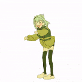a drawing of a girl with green hair wearing a yellow sweater