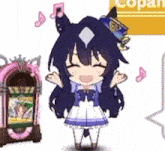 a cartoon girl is standing next to a jukebox with music notes coming out of it .