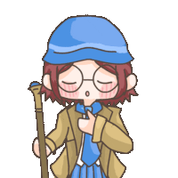 a cartoon of a girl wearing glasses and a hat holding a cane