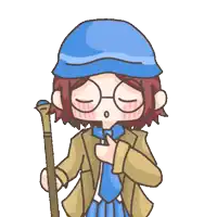 a cartoon of a girl wearing glasses and a hat holding a cane