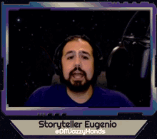 a picture of a man wearing headphones with the name storyteller eugenio on the bottom