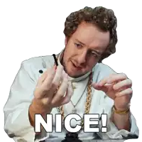 a man wearing a white shirt and gold chains has the word nice on his face