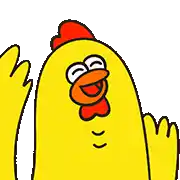 a yellow chicken with a red crest on its head is waving its hand .