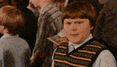 a boy wearing a yellow and black striped vest looks at the camera