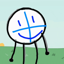 a cartoon drawing of a ball with a blue cross on its face