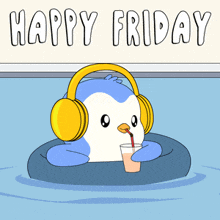 a penguin wearing headphones is floating in a swimming pool and drinking a milkshake