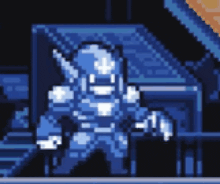 a pixel art of a man with a gun standing on a balcony .