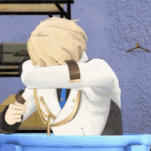 a cartoon character is sitting in a blue container