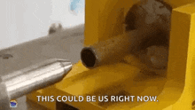 a bullet is being fired from a machine and says `` this could be us right now . ''