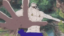 a hand is reaching out towards a cartoon character in a blue shirt .
