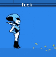 a pixel art drawing of a person with the word fuck in the corner