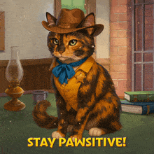 a cat wearing a sheriff 's hat and vest is sitting on a table with the words stay pawsitive below it
