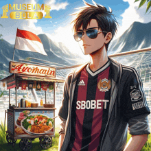 a man wearing a sbobet jersey is standing in front of a food cart