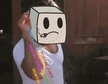 a person with a sad face on their face and the word portal juice written on their arm