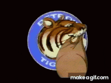 a cartoon tiger is holding a sign that says detroit tigers on it