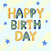 a happy birthday card with blue stars on a blue background